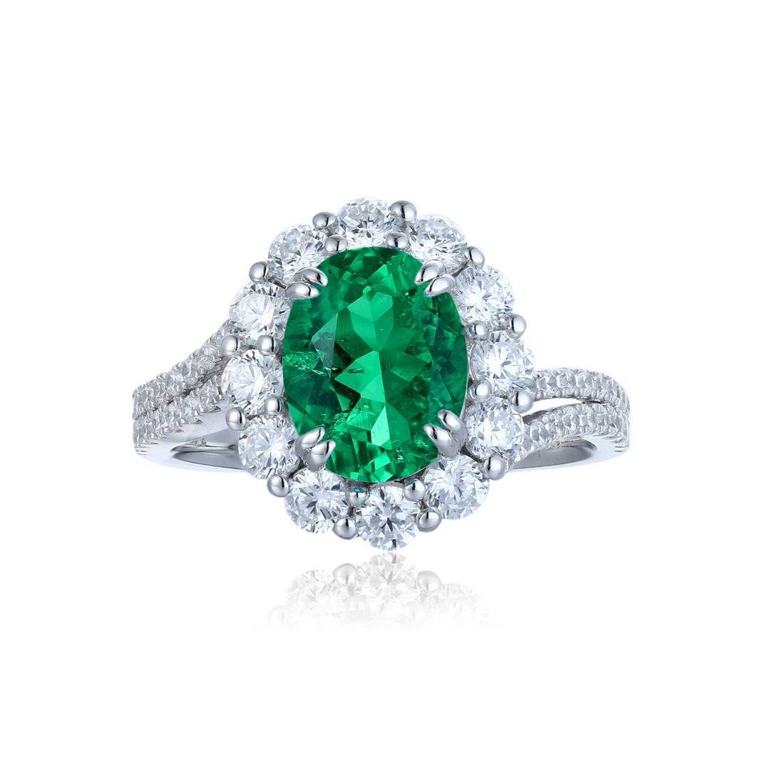 R2189款S925银镀18K白金蛋形培育彩宝双臂豪华订婚戒指2.72ct
