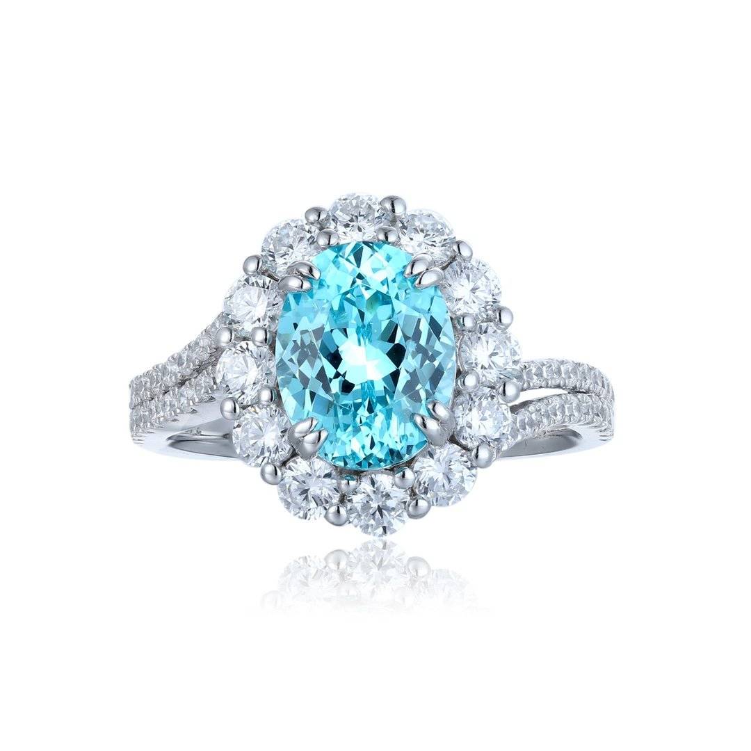 R2189款S925银镀18K白金蛋形培育彩宝双臂豪华订婚戒指2.72ct