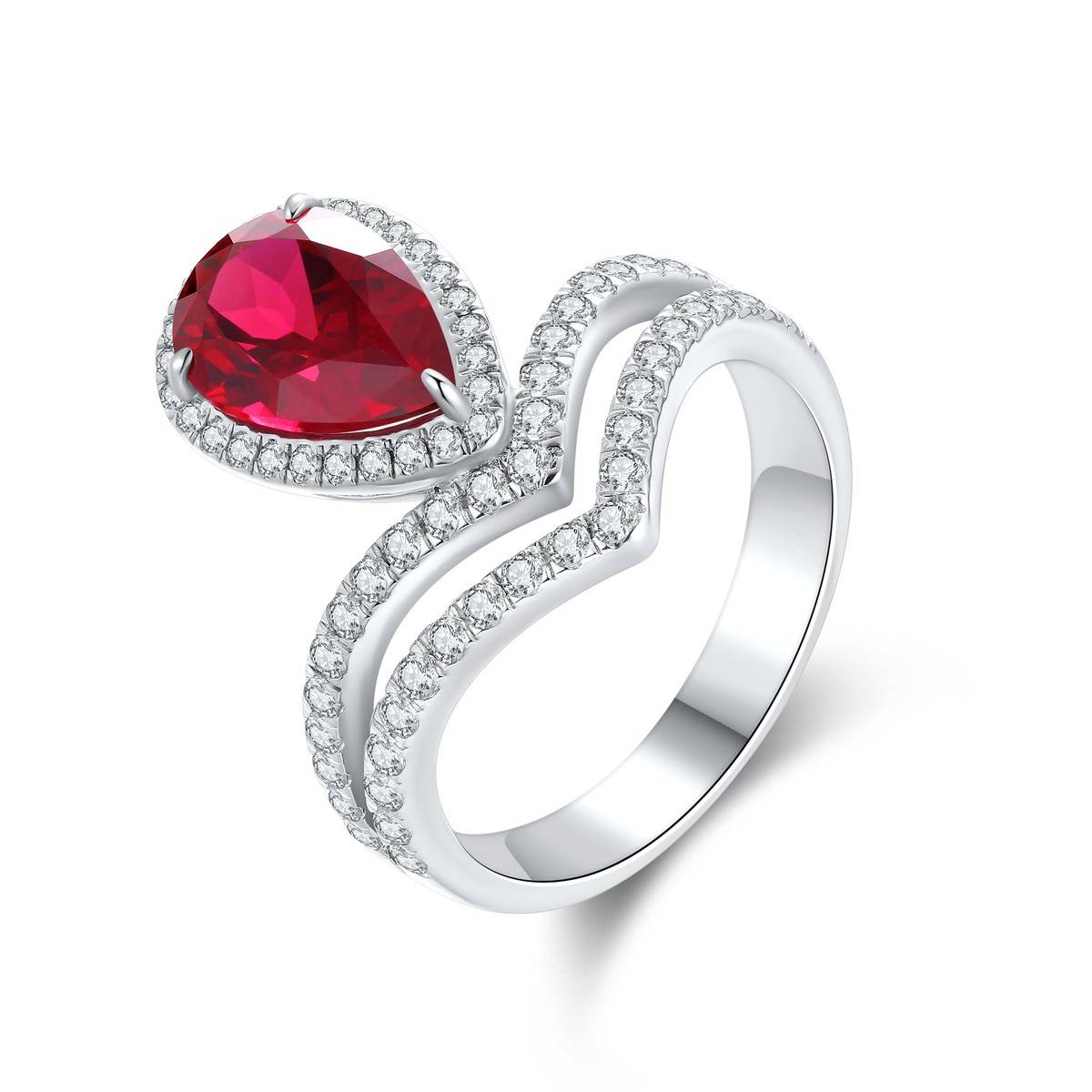 R185337款S925银镀18K白金梨形培育彩宝皇冠订婚戒指2.7ct