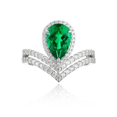 R185337款S925银镀18K白金梨形培育彩宝皇冠订婚戒指2.7ct