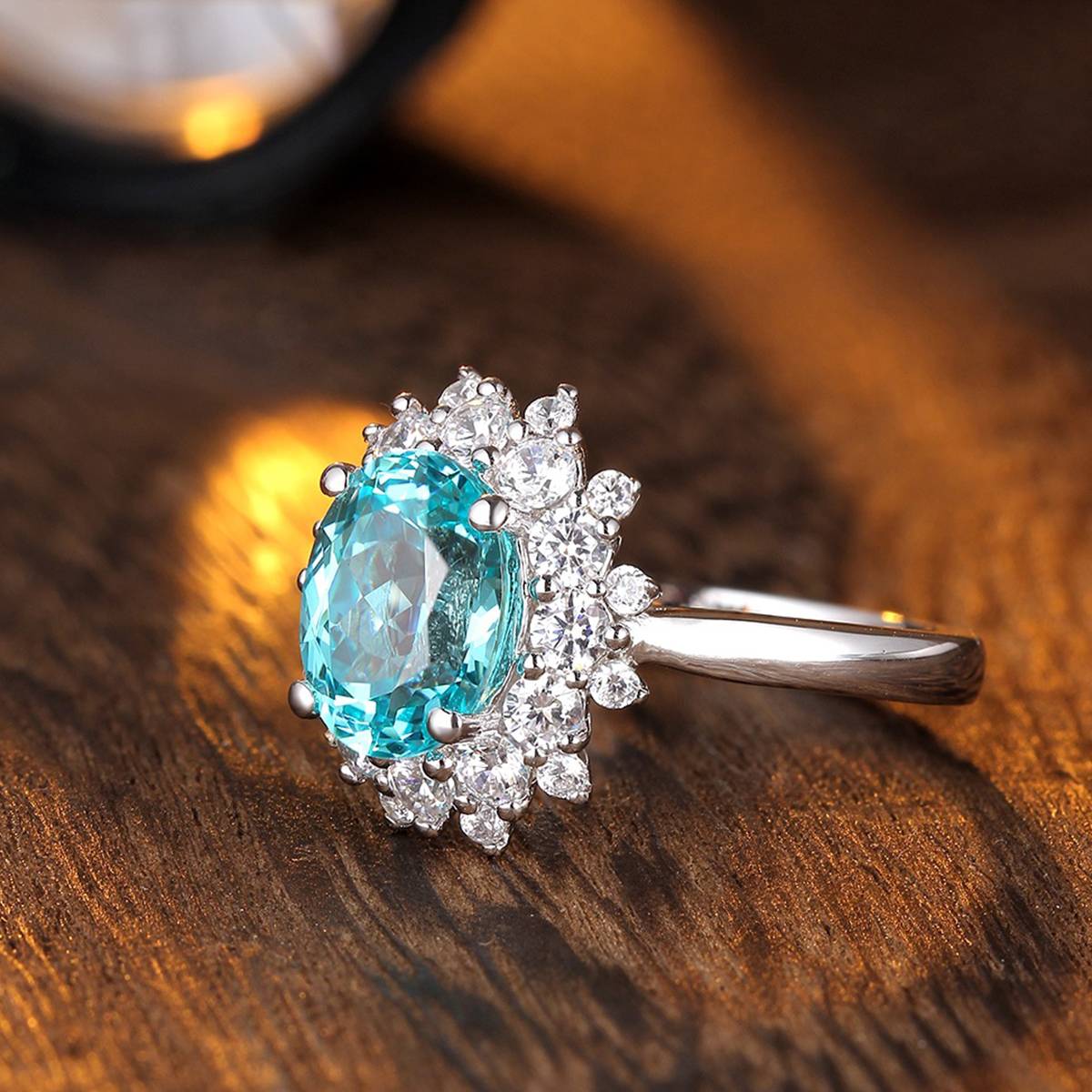 R268款S925银镀18K白金蛋形培育彩宝结婚戒指2.6ct