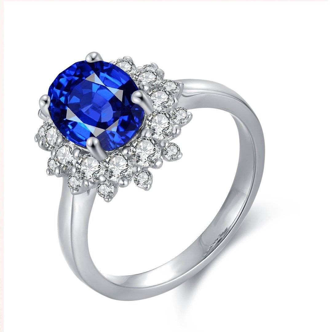 R268款S925银镀18K白金蛋形培育彩宝结婚戒指2.6ct