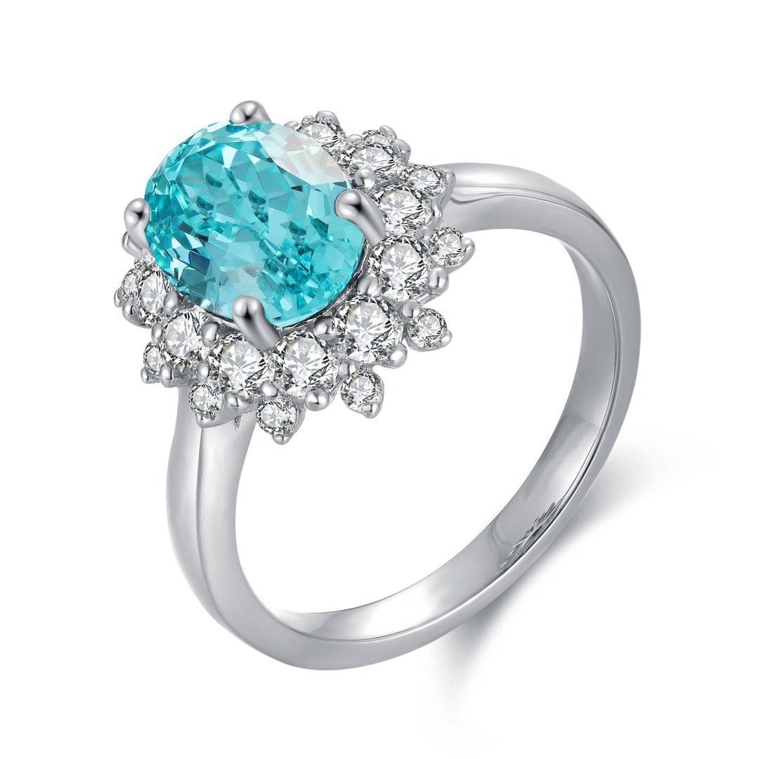R268款S925银镀18K白金蛋形培育彩宝结婚戒指2.6ct