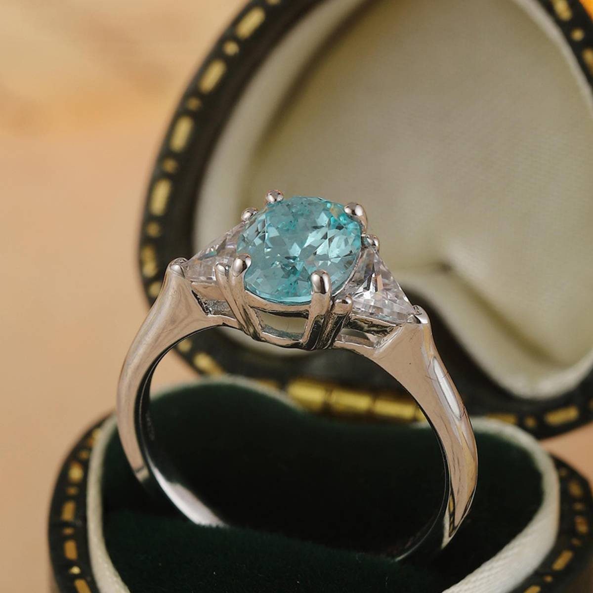R2184款S925银镀18K白金蛋形培育彩宝订婚戒指2.2ct