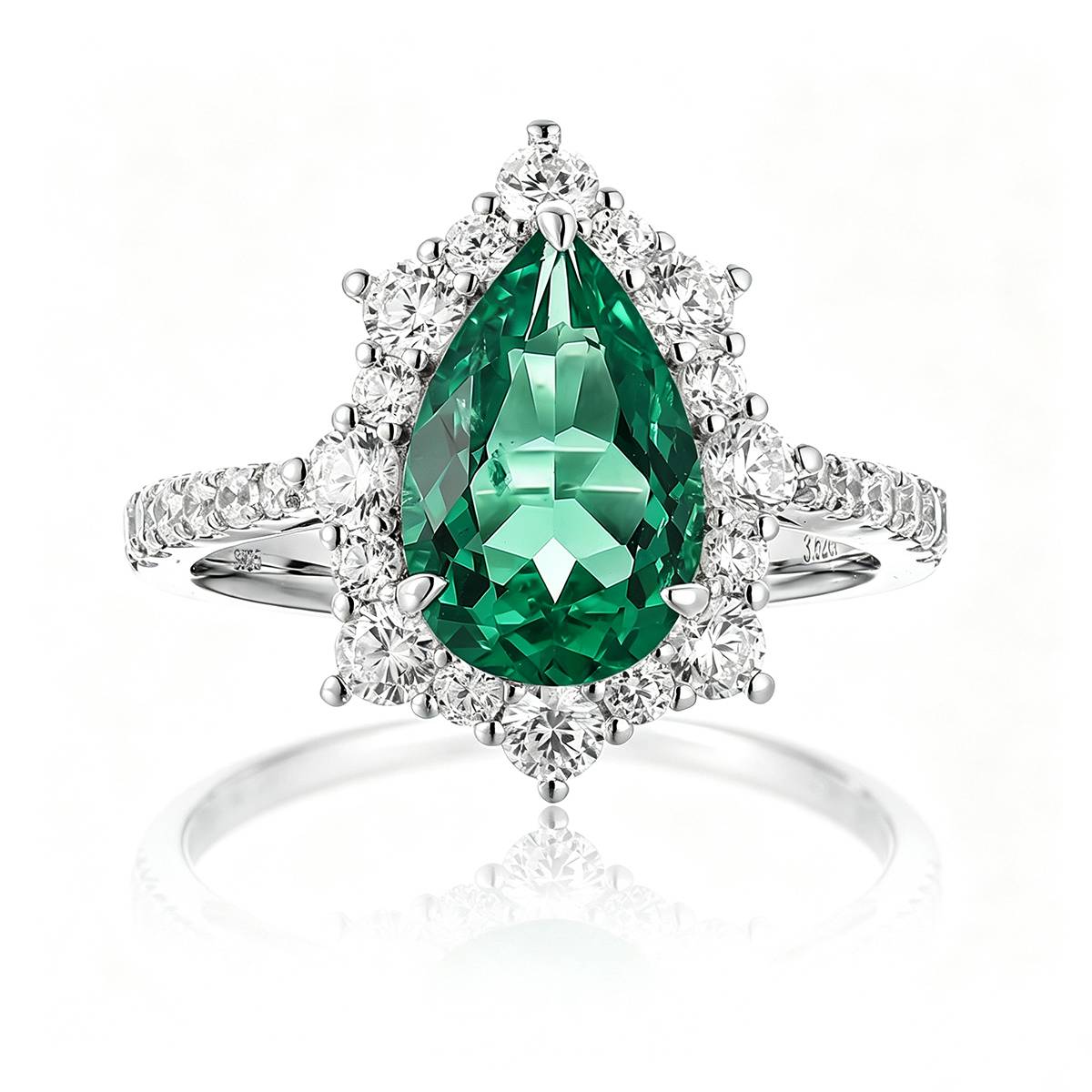 R1522款S925银镀18K白金梨形培育彩宝订婚戒指2.97ct