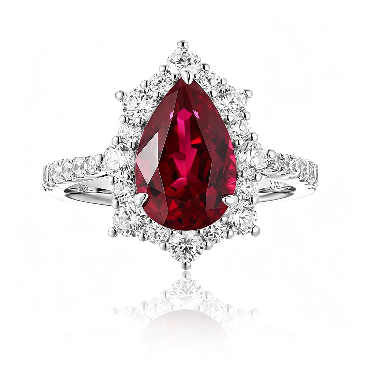 R1522款S925银镀18K白金梨形培育彩宝订婚戒指2.97ct