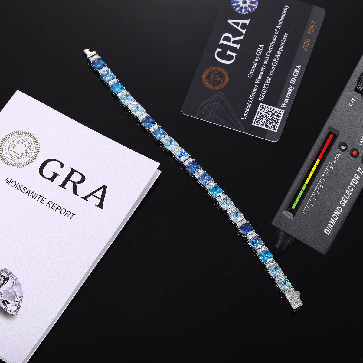 TQB0165款S925银镀18K白金蓝色高碳钻嘻哈莫桑石网球手链3.8ct