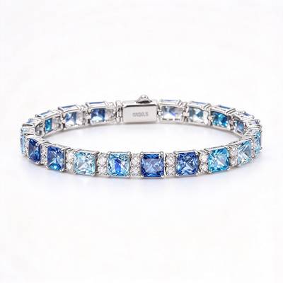 TQB0165款S925银镀18K白金蓝色高碳钻嘻哈莫桑石网球手链3.8ct