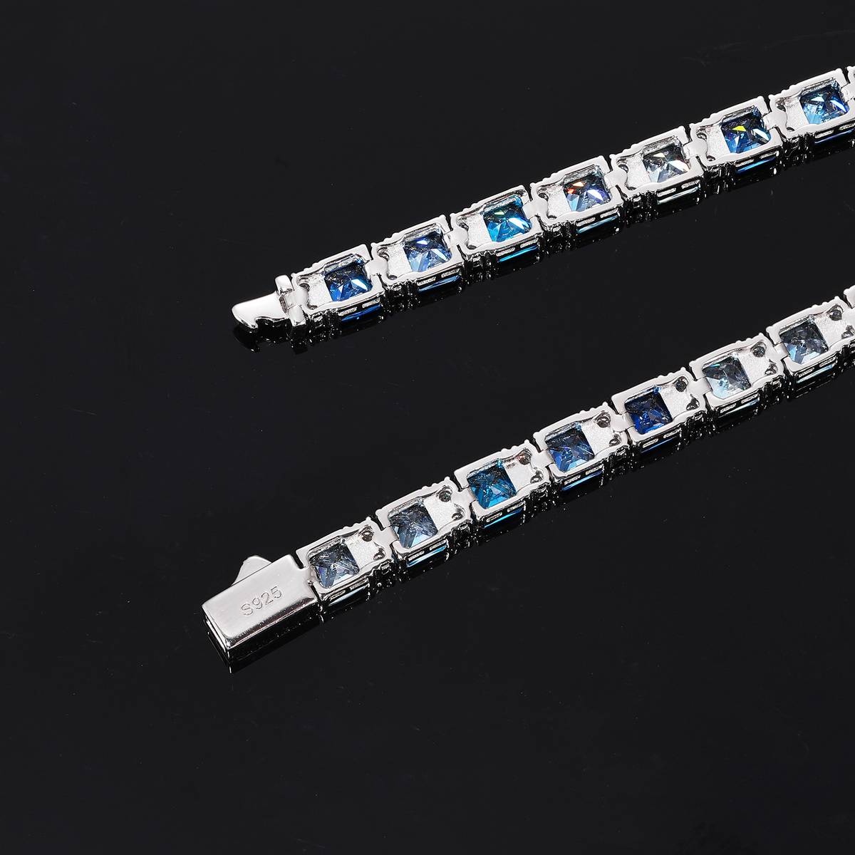 TQB0165款S925银镀18K白金蓝色高碳钻嘻哈莫桑石网球手链3.8ct