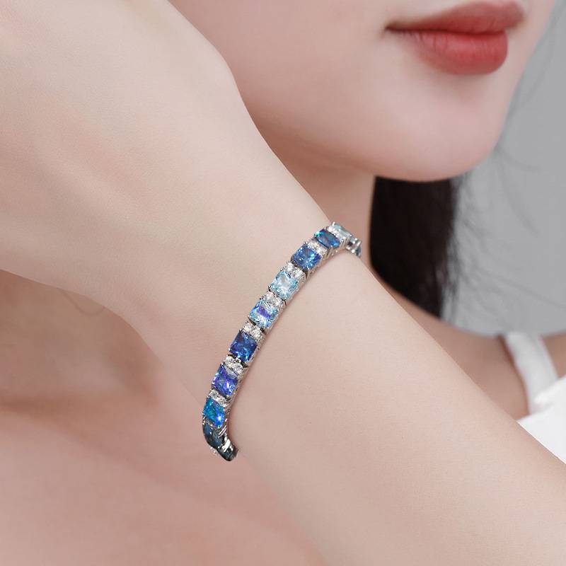 TQB0165款S925银镀18K白金蓝色高碳钻嘻哈莫桑石网球手链3.8ct