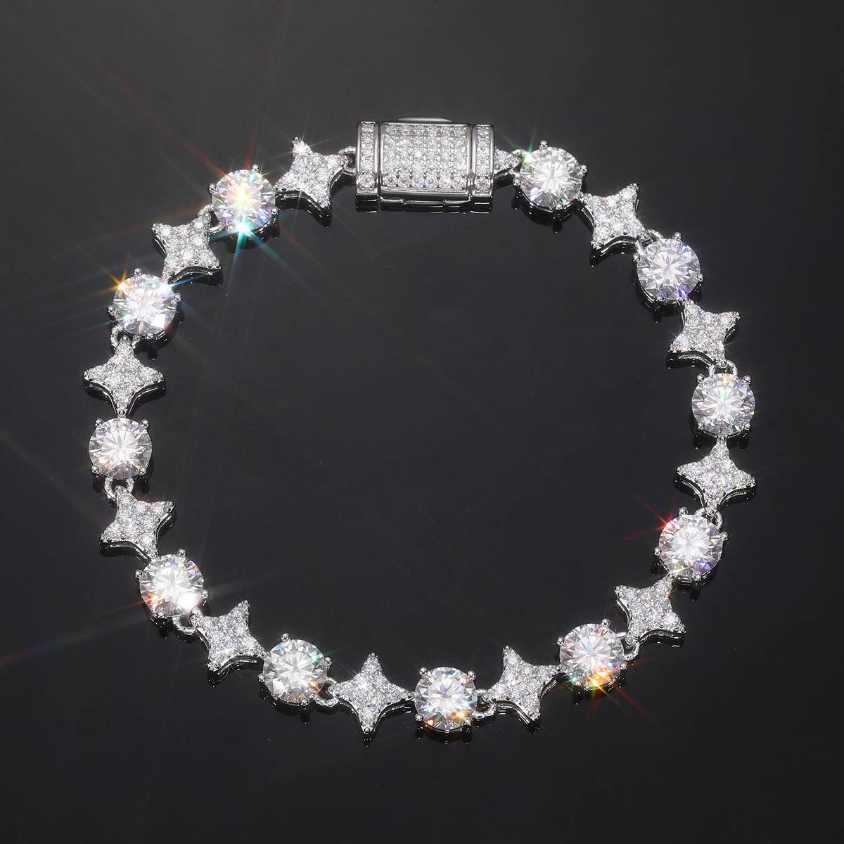 TQB0132-6MM款S925银镀18K金圆形莫桑钻嘻哈手链7.0ct