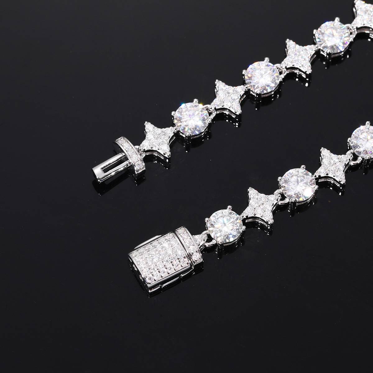 TQB0132-6MM款S925银镀18K金圆形莫桑钻嘻哈手链7.0ct