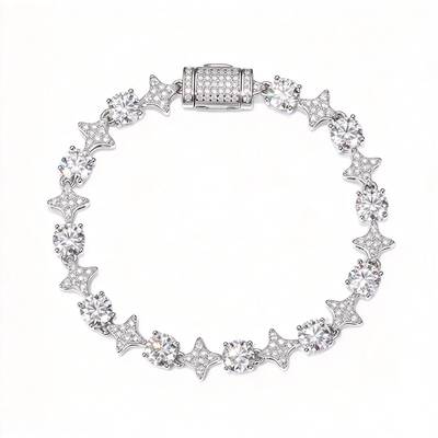 TQB0132-6MM款S925银镀18K金圆形莫桑钻嘻哈手链7.0ct