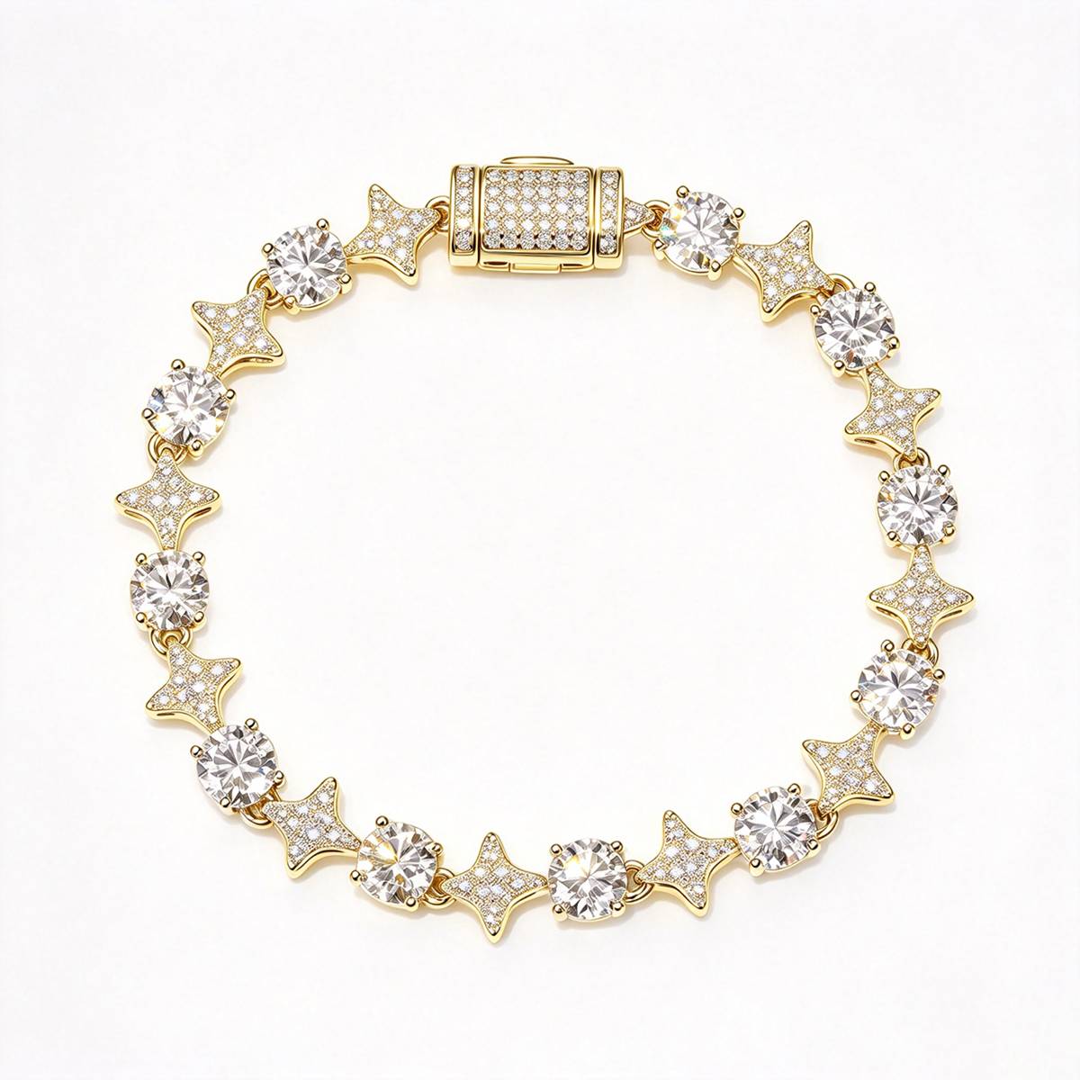 TQB0132-6MM款S925银镀18K金圆形莫桑钻嘻哈手链7.0ct