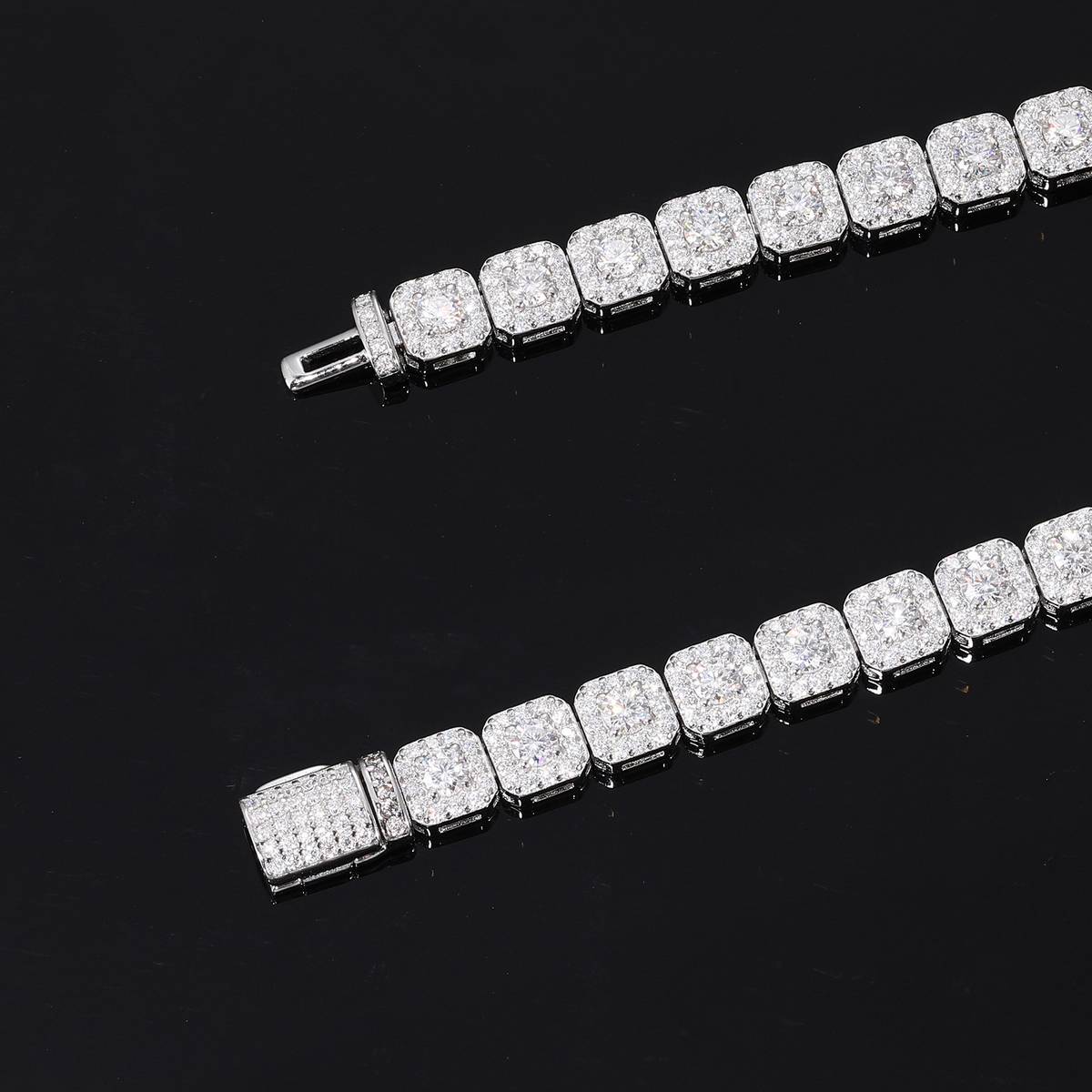 TQB0242-6mm款S925银镀18K白金莫桑钻方形嘻哈手链5.7ct
