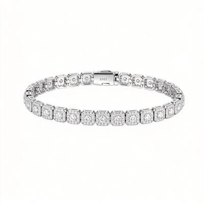 TQB0242-6mm款S925银镀18K白金莫桑钻方形嘻哈手链5.7ct