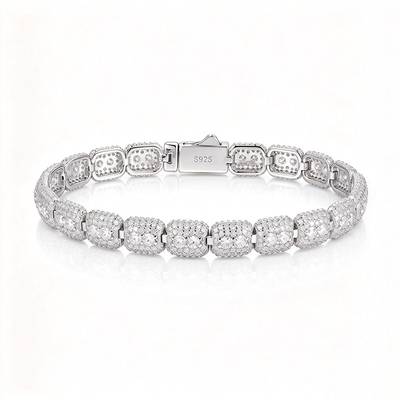 TQB0239款S925银镀18K白金满镶莫桑钻长方形嘻哈手链8.0ct