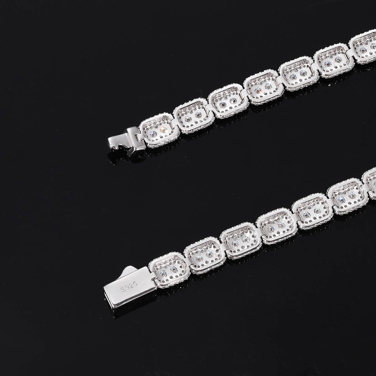 TQB0239款S925银镀18K白金满镶莫桑钻长方形嘻哈手链8.0ct