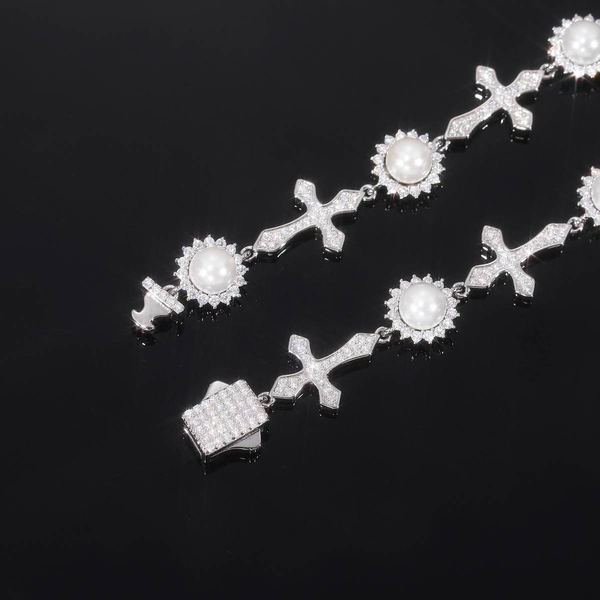 TQB0147款S925银镀18K白金满镶莫桑钻珍珠十字架嘻哈手链2.43ct