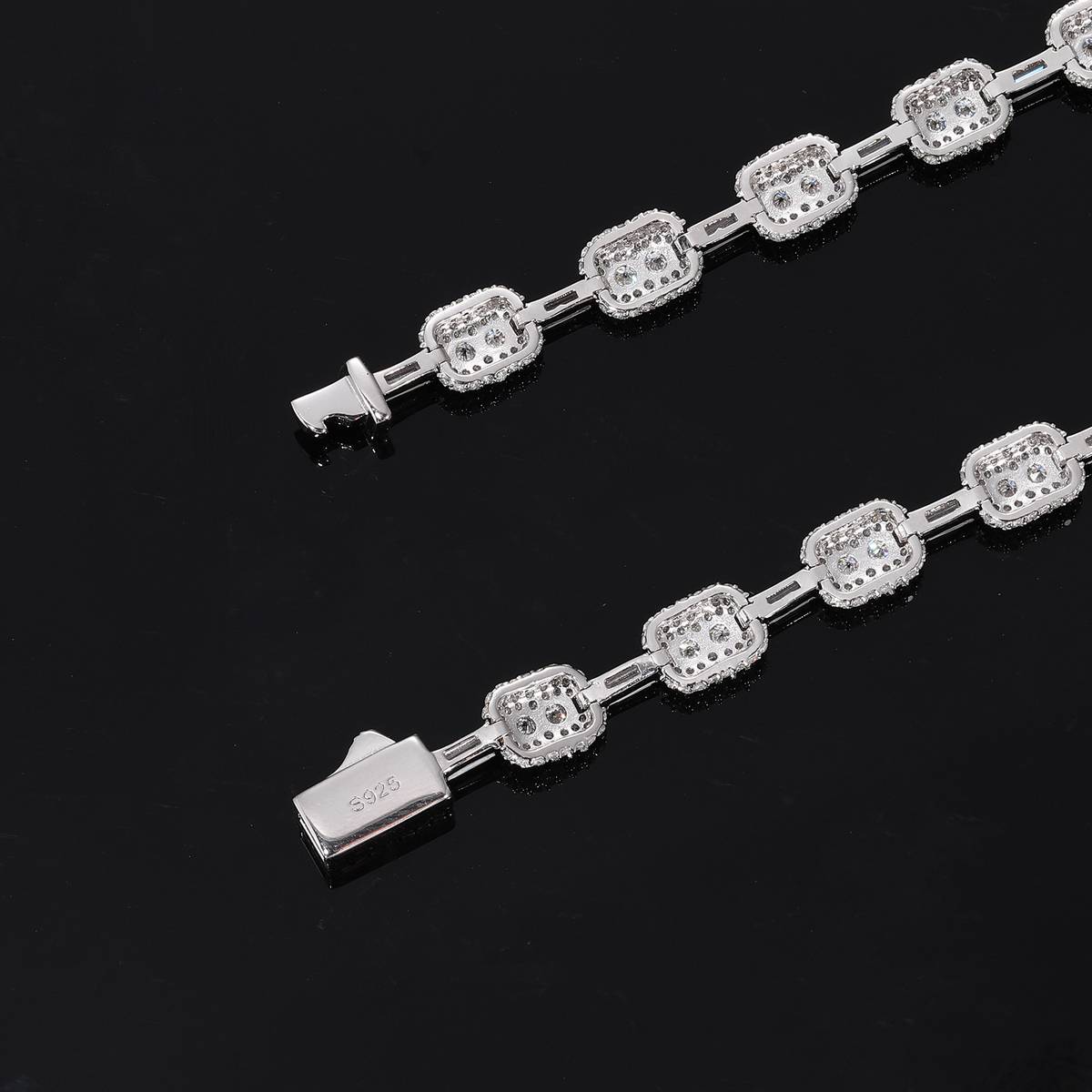 TQB0143款S925银镀18K白金满镶莫桑钻长方形嘻哈手链5.76ct