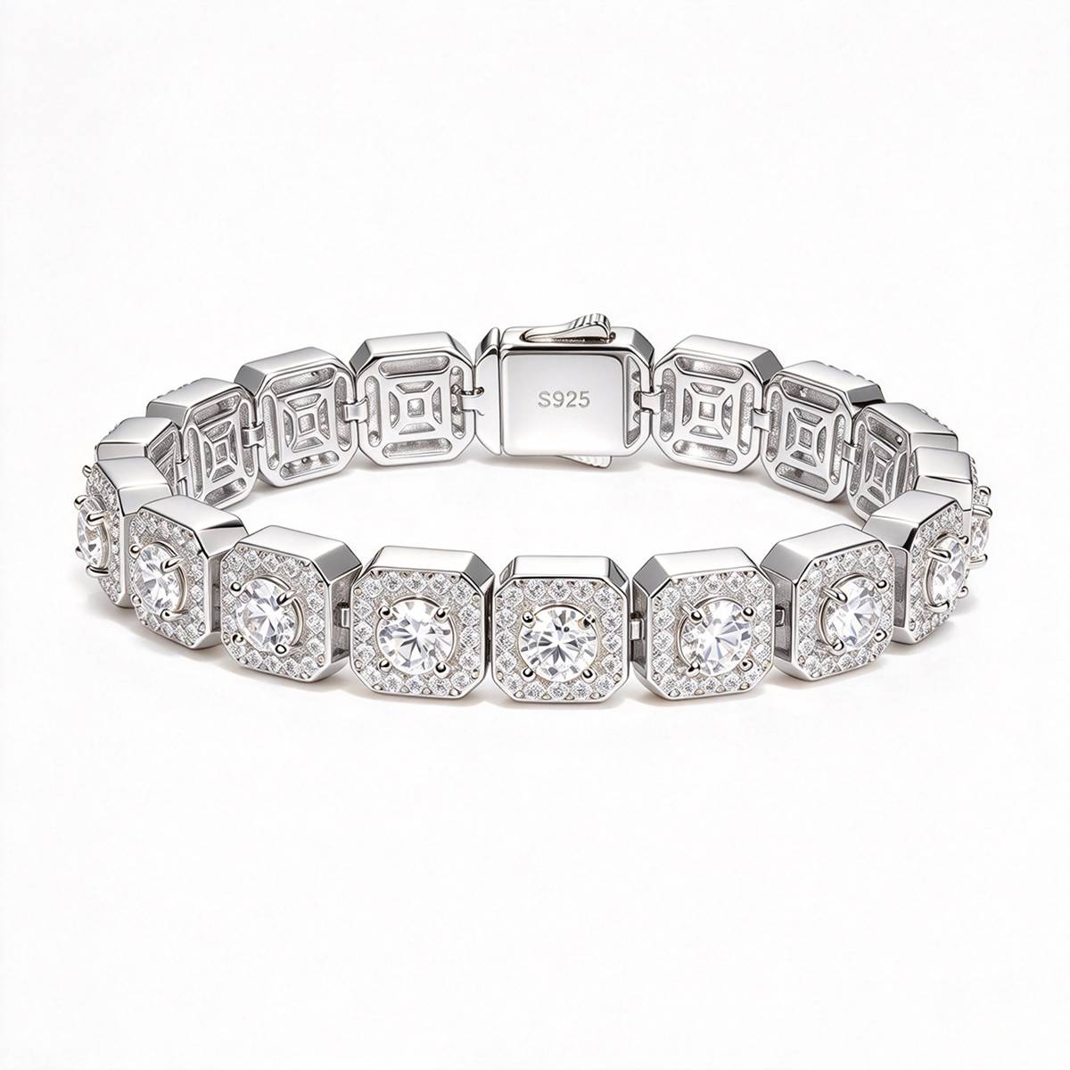 TQB0027-8MM款S925银镀18K白金满镶莫桑钻精工嘻哈网球手链13.75ct