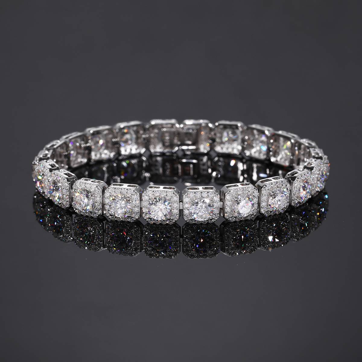 TQB0159-8mm款S925银镀18K白金莫桑钻方形嘻哈手链20.4ct