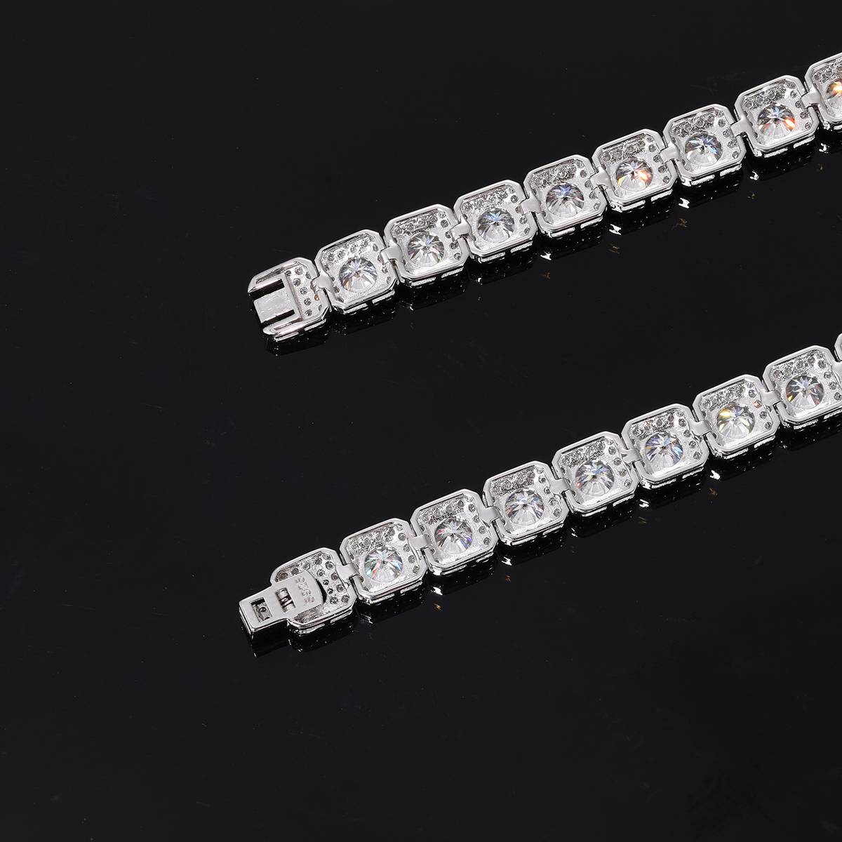 TQB0159-8mm款S925银镀18K白金莫桑钻方形嘻哈手链20.4ct