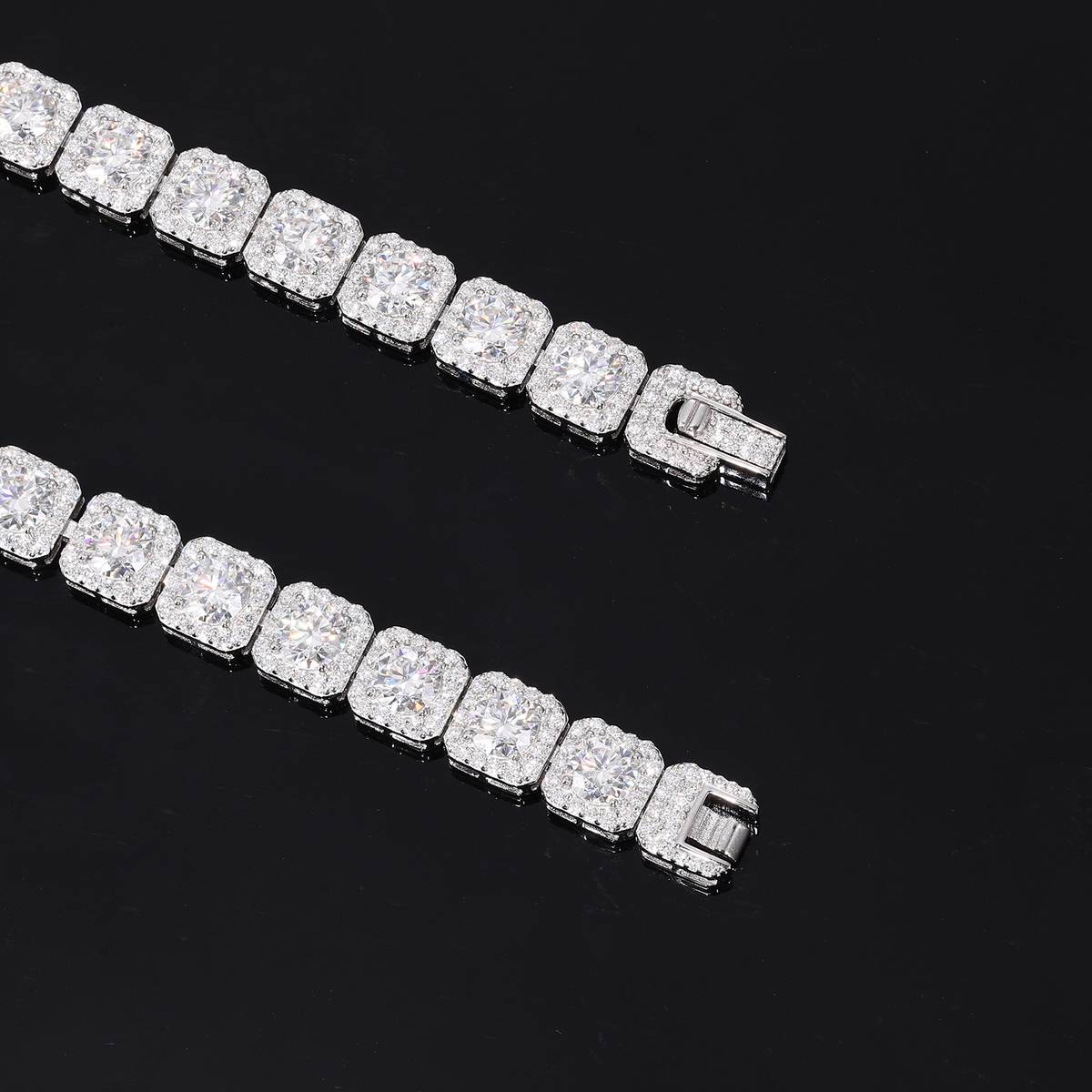 TQB0159-8mm款S925银镀18K白金莫桑钻方形嘻哈手链20.4ct