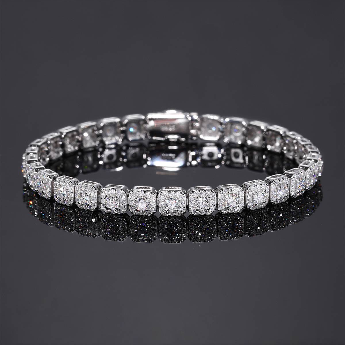 TQB0242-6mm款S925银镀18K白金莫桑钻方形嘻哈手链5.7ct